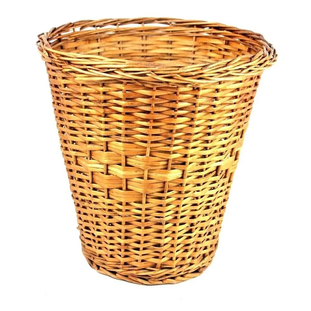 Vtg Wicker Rattan Waste Basket Trash Can Woven Plant Holder 14